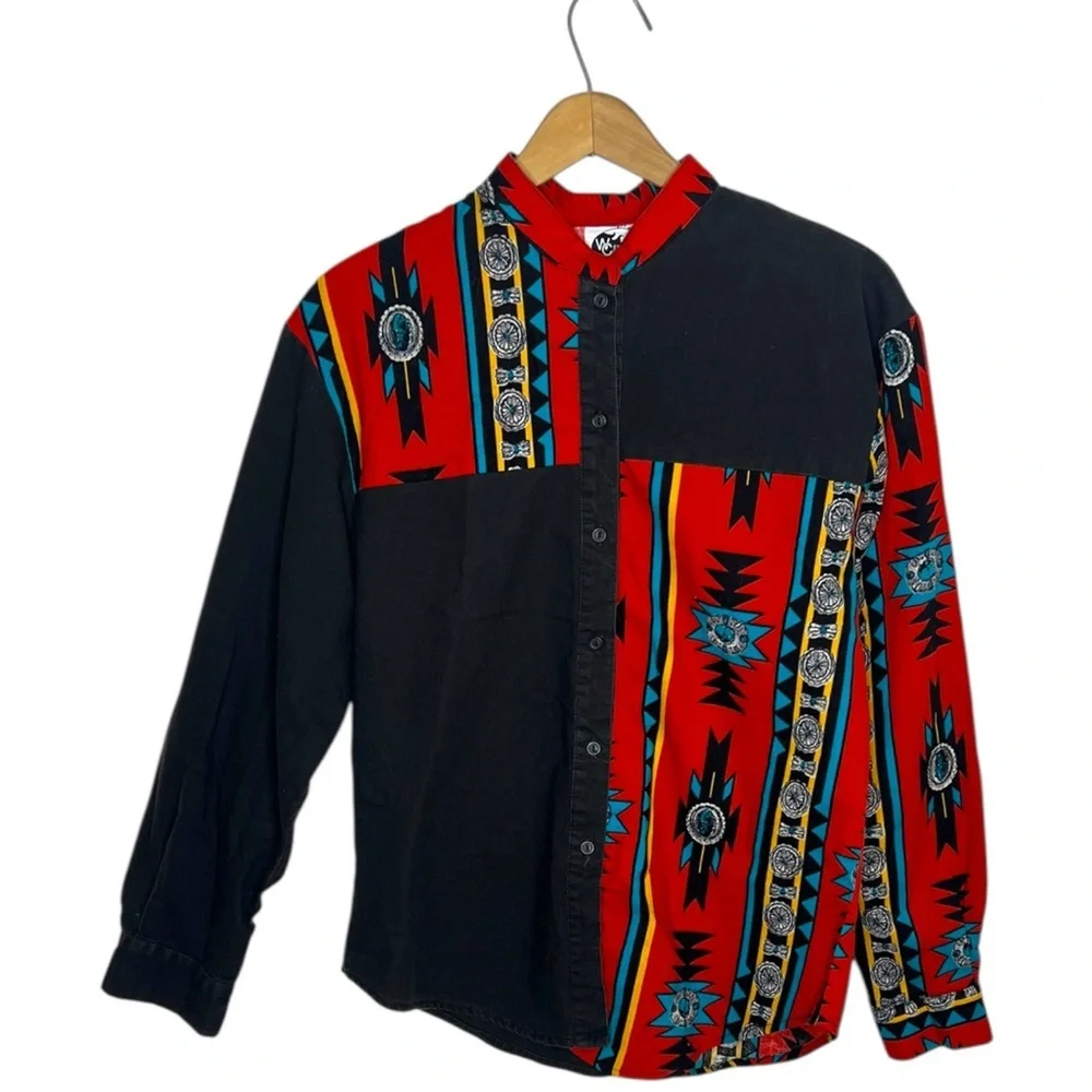 Vintage 90s Southwestern Western Shirt Red Black Turquoise Rodeo Size 10